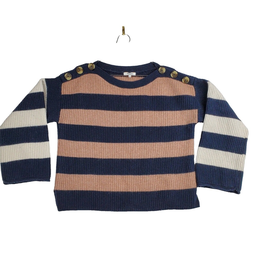 Madewell Sweater Womens Large Blue Pink Stripe Button Chunky Boatneck Pullover